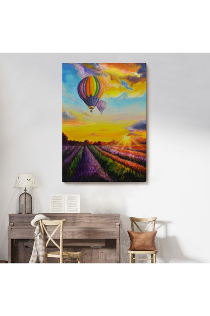 Lavanta Bahçesi Üzerinde Uçan Hava Balonu Yağlıboya Görünüm Kanvas Duvar Tablosu-5940