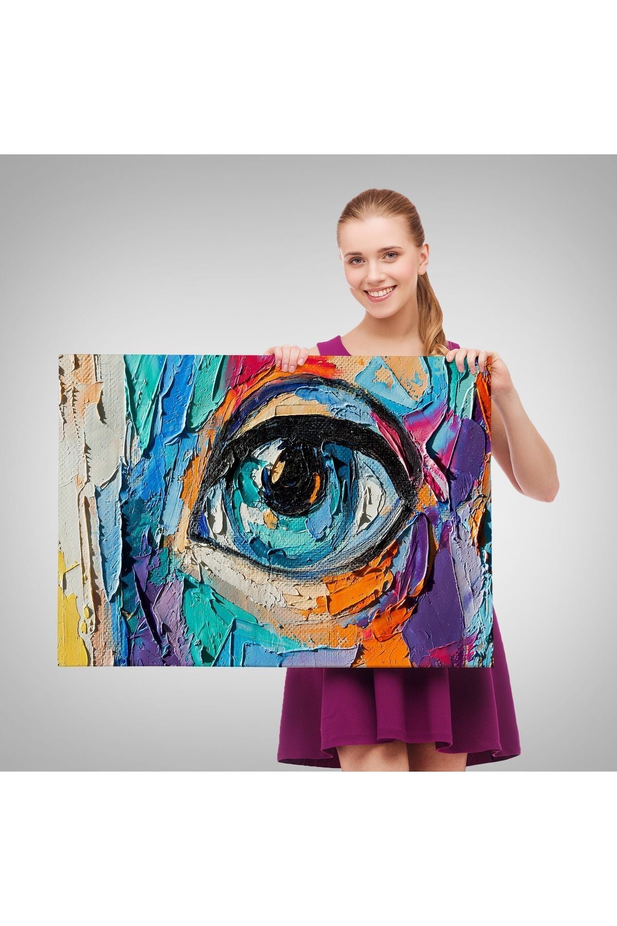 Kanvas Tablo, Duvar Dekoru, Yağlıboya Görünüm Renkli Kadın Gözü 3731 BUNGKNV