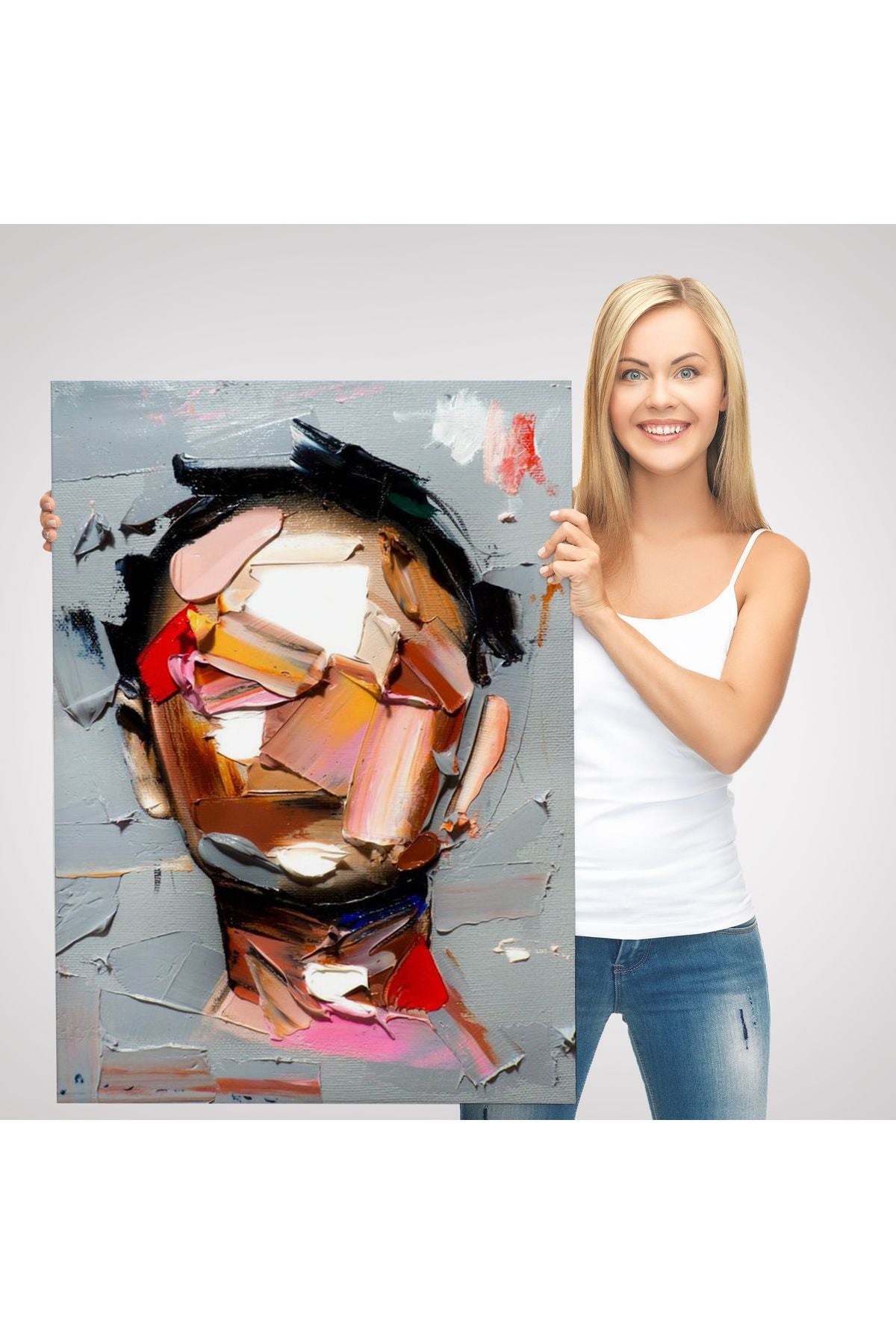 Fırça Darbesi İnsan Yüzü Kanvas Tablo, Soyut Kadın Yüzü Portresi Kanvas Tablo-5210