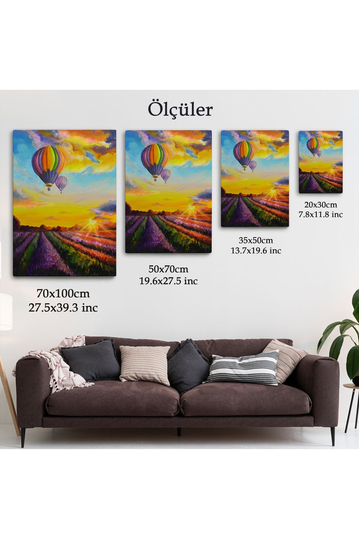 Lavanta Bahçesi Üzerinde Uçan Hava Balonu Yağlıboya Görünüm Kanvas Duvar Tablosu-5940