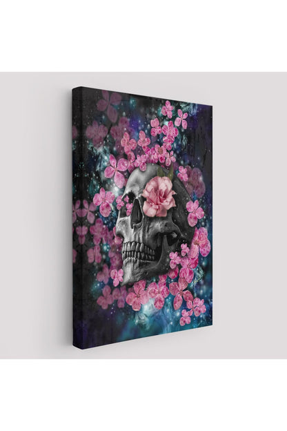 İskelet Kafa ve Pembe Çiçekler Kanvas Tablo Duvar Sanatı-5234