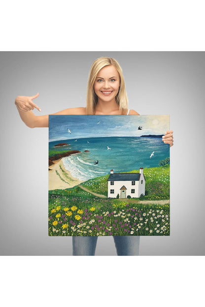 İngiltere Sahilindeki Beyaz Külübe, Martılar ve Çiçekler Kanvas Tablo-5852