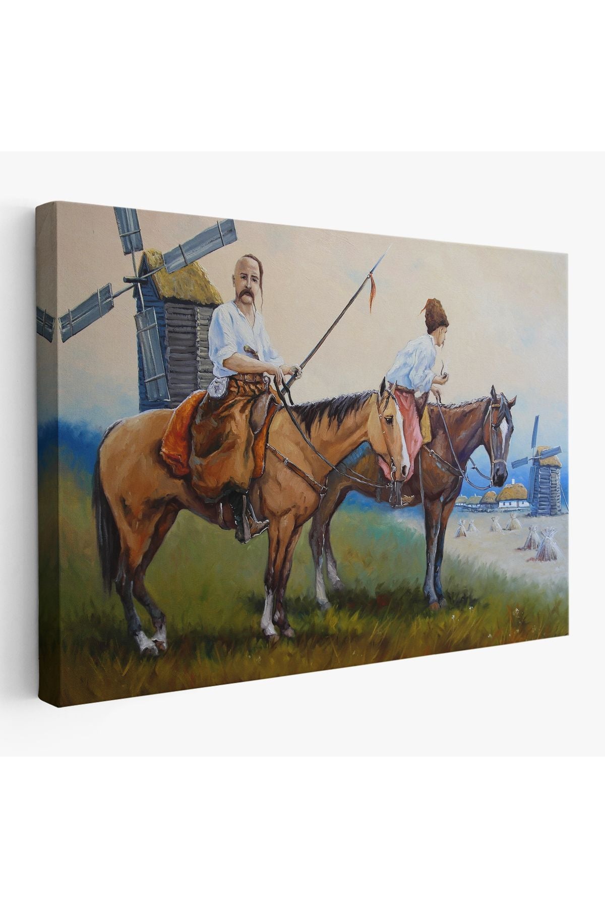 Kazakistan Kırsalında Atlı İnsanlar Yağlıboya Görünüm Kanvas Duvar Tablosu-3735