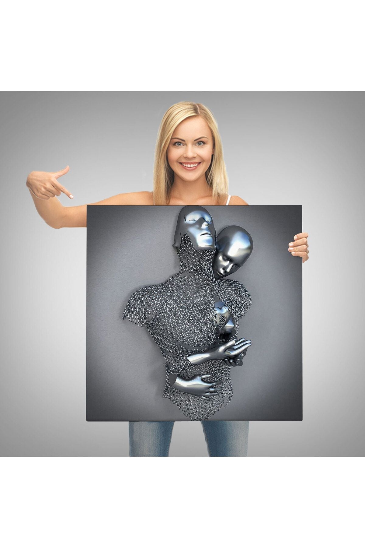 Gri ve Gümüş 3D Metalik Efektli Kanvas Tablo, Romantik Beden Aşk Sanatı-5355