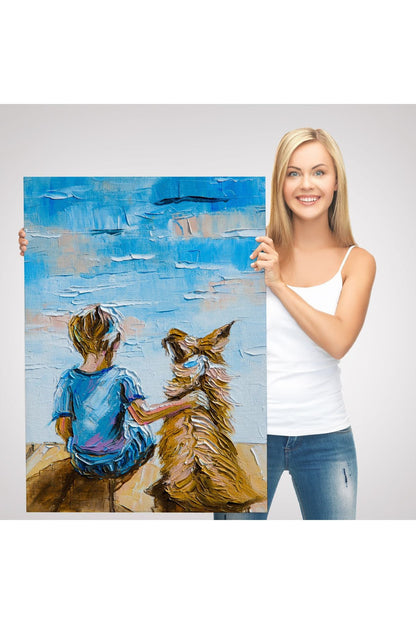 Göl Kenarında Oturan Çocuk ve Köpeği Duvar Tablo-5984