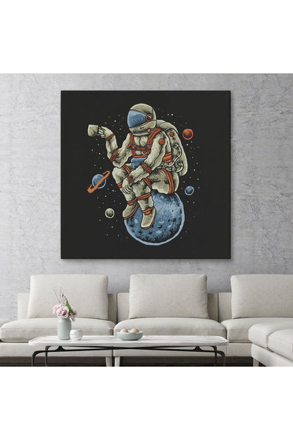Dünya Üzerinde Dinlenip Kahve İçen Astronot Kanvas Tablo-5098