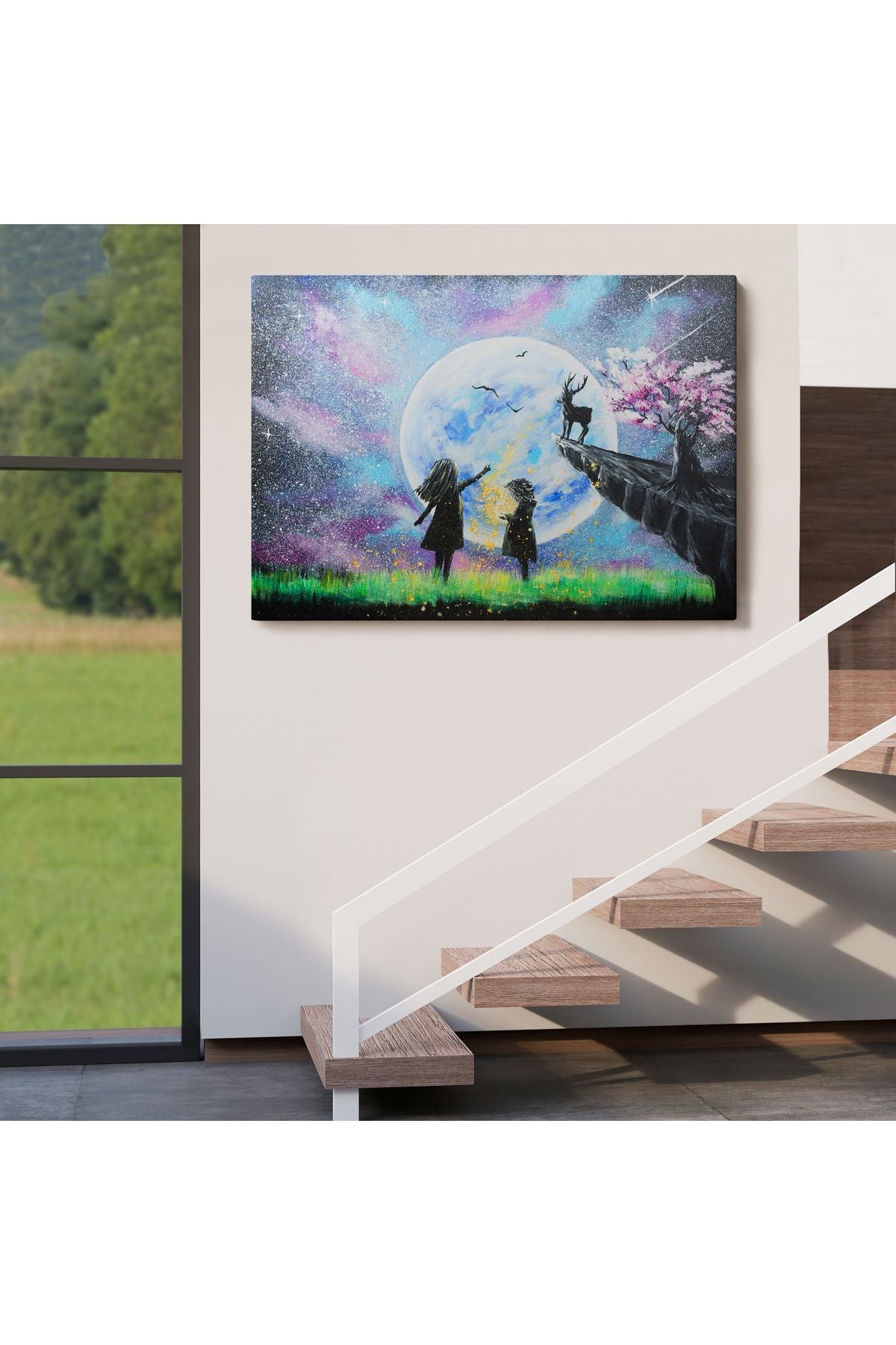 Gece Ay'ı İzleyen Çocuklar Duvar Tablosu-3470