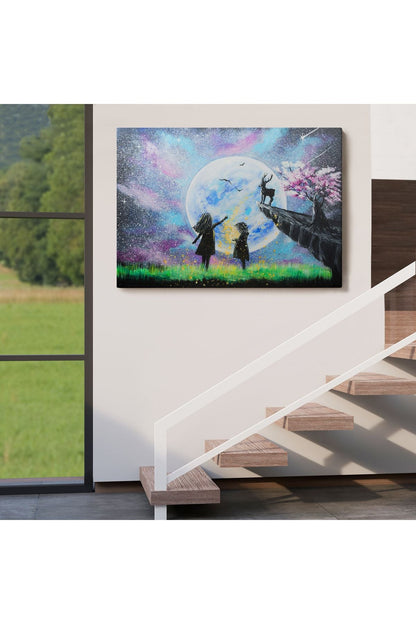Gece Ay'ı İzleyen Çocuklar Duvar Tablosu-3470
