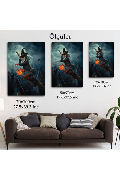 Süpürge İle Uçan Cadı ve Kabağı Cadılar Bayramı Helloven Duvar Tablosu -6175