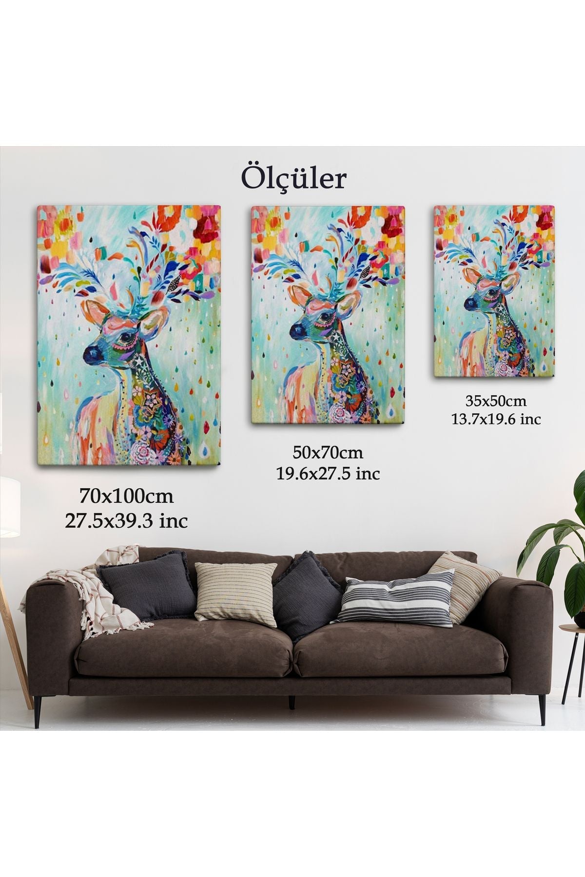 Renkli Çiçek Detaylı Geyik Dekoratif Duvar Tablosu-6196