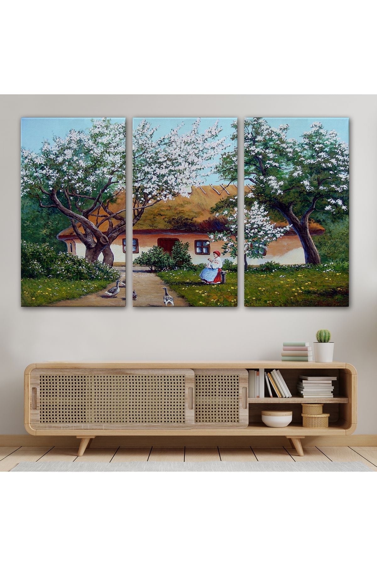 İlkbahar Köy Evi Yağlıboya Görünüm Dekoratif Kanvas Duvar Tablosu-3514