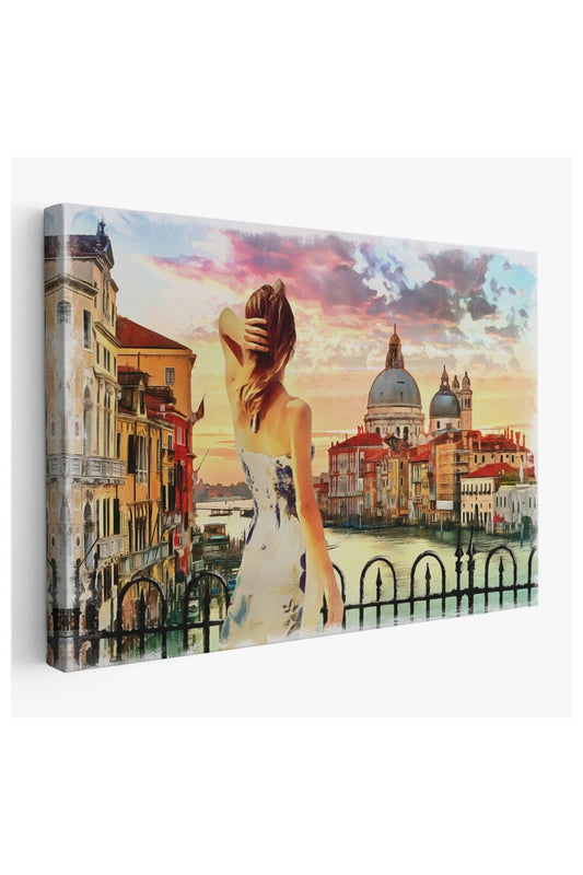 Kanvas, Duvar Tablosu, Dekoratif, Yağlıboya Görünüm Venedikte Kanala Bakan Kız 3590 EGKNV