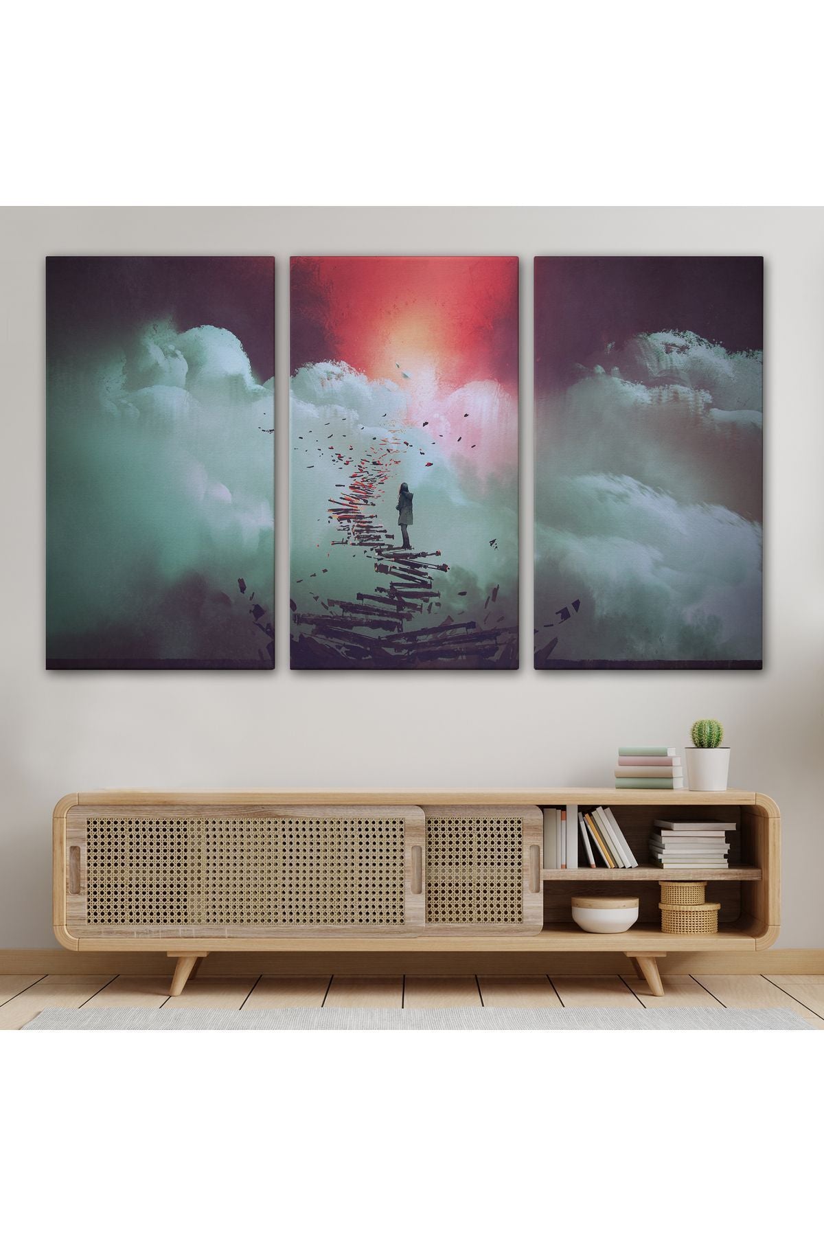 Gökyüzüne Giden Kırık Merdivenlerde Duran Genç Kadın Kanvas Tablosu-5029