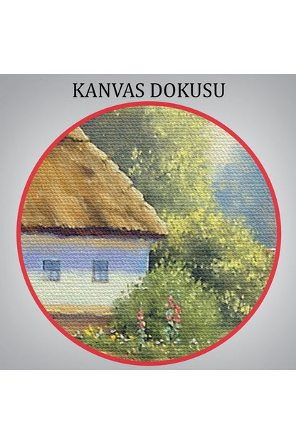 Göl Manzaralı Köy Evi Yağlıboya Görünüm Dekoratif Kanvas Duvar Tablosu-3510