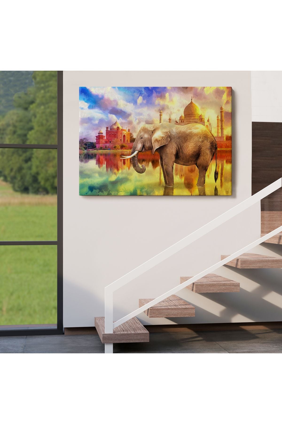 Fil ve Taç Mahal Manzaralı Yağlıboya Görünüm Dekoratif Kanvas Duvar Tablosu-3716