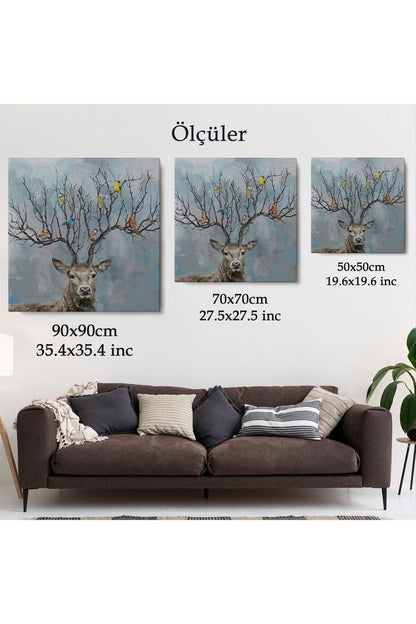 Geyik Boynuzları Üzerinde Renkli Kuşlar Tablosu-5863