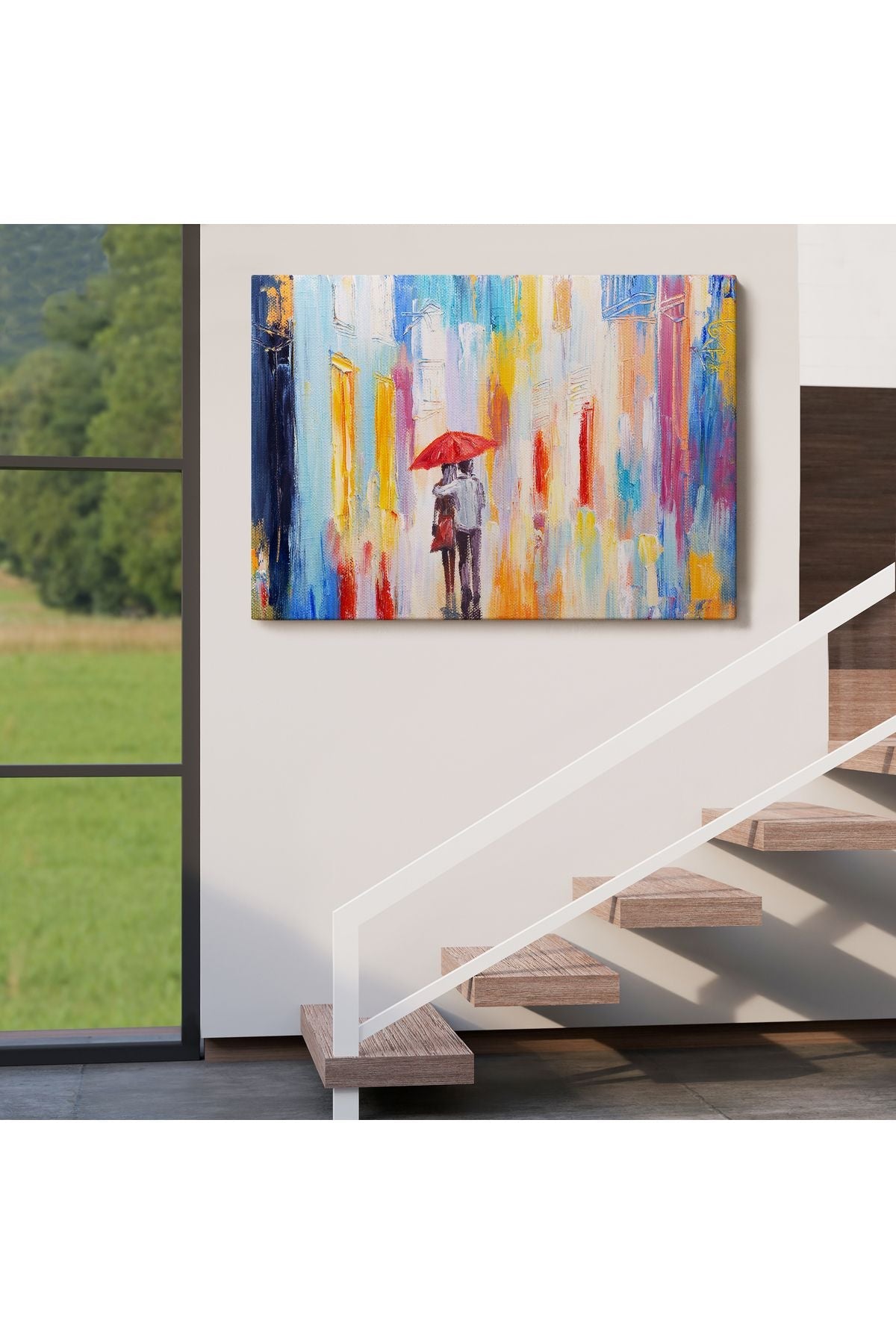 Kırmızı Şemsiyeli Sevgililer Yağlıboya Görünüm Kanvas Duvar Tablosu-3452
