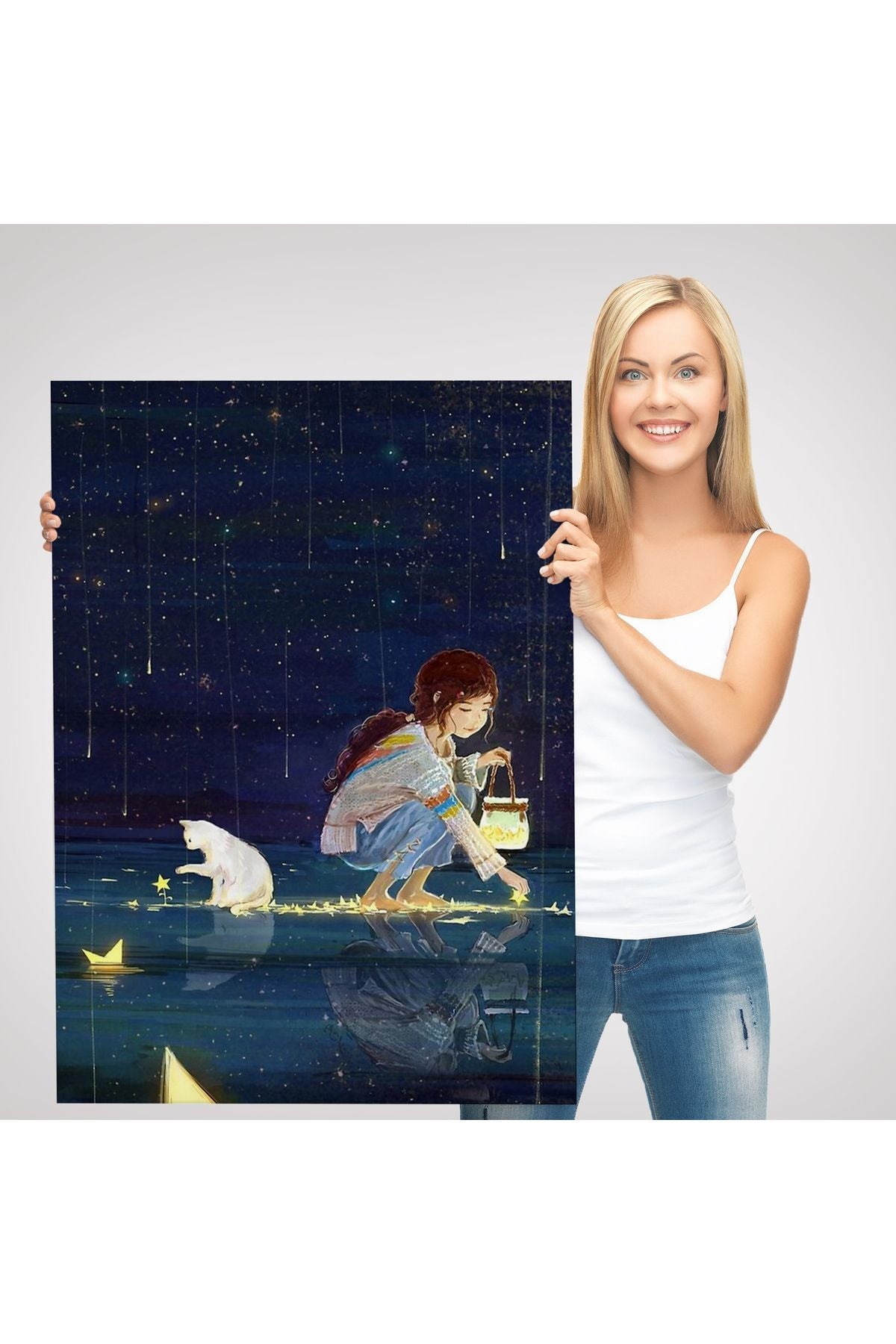 Lsm Seri001 Yıldız Toplayan Kız ve Kedi Dekoratif Duvar Tablosu-6129