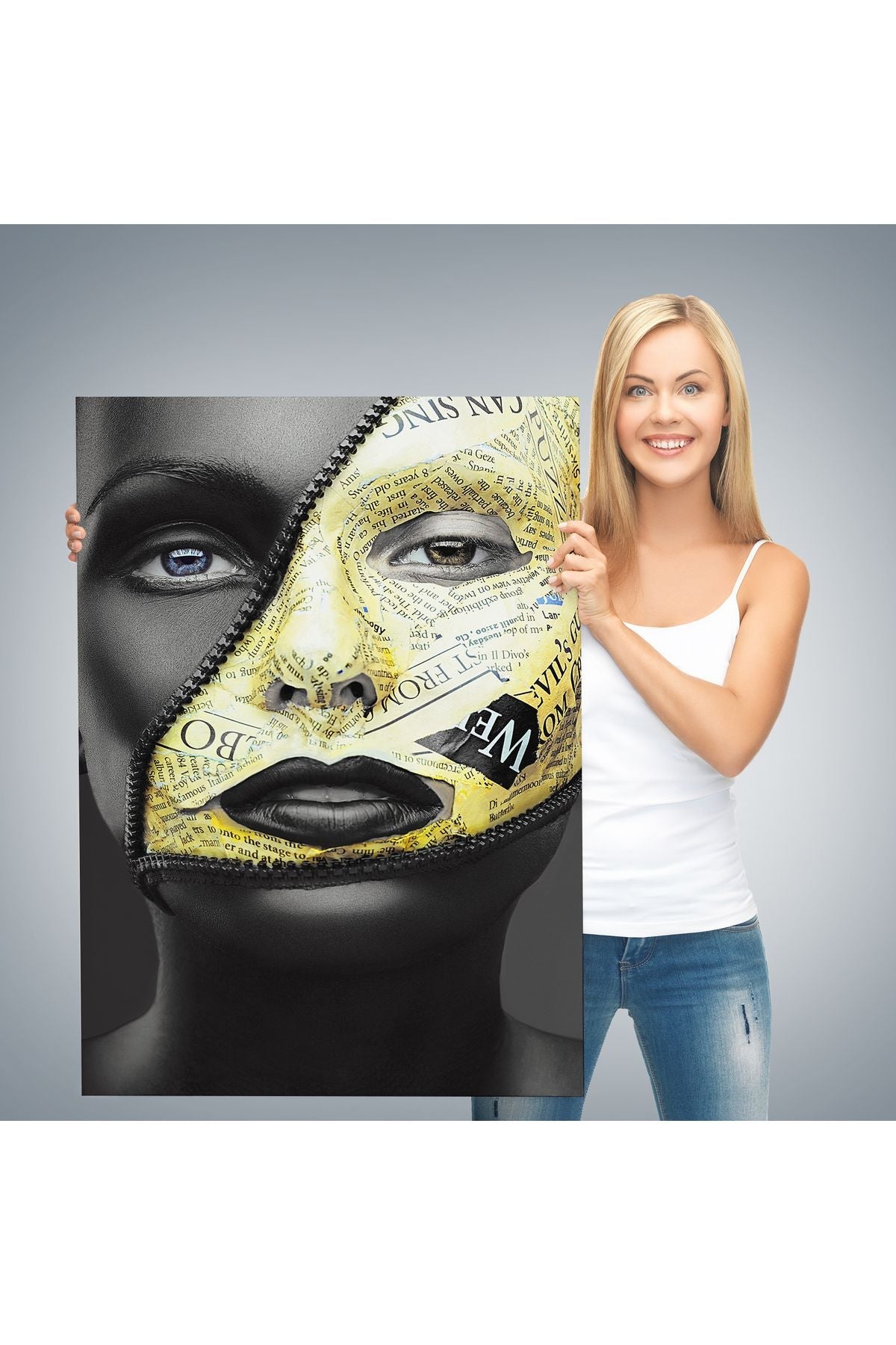 Fermuar Makyajlı Güzel Kızın Yakın Çekim Portresi Kanvas Tablo-4973