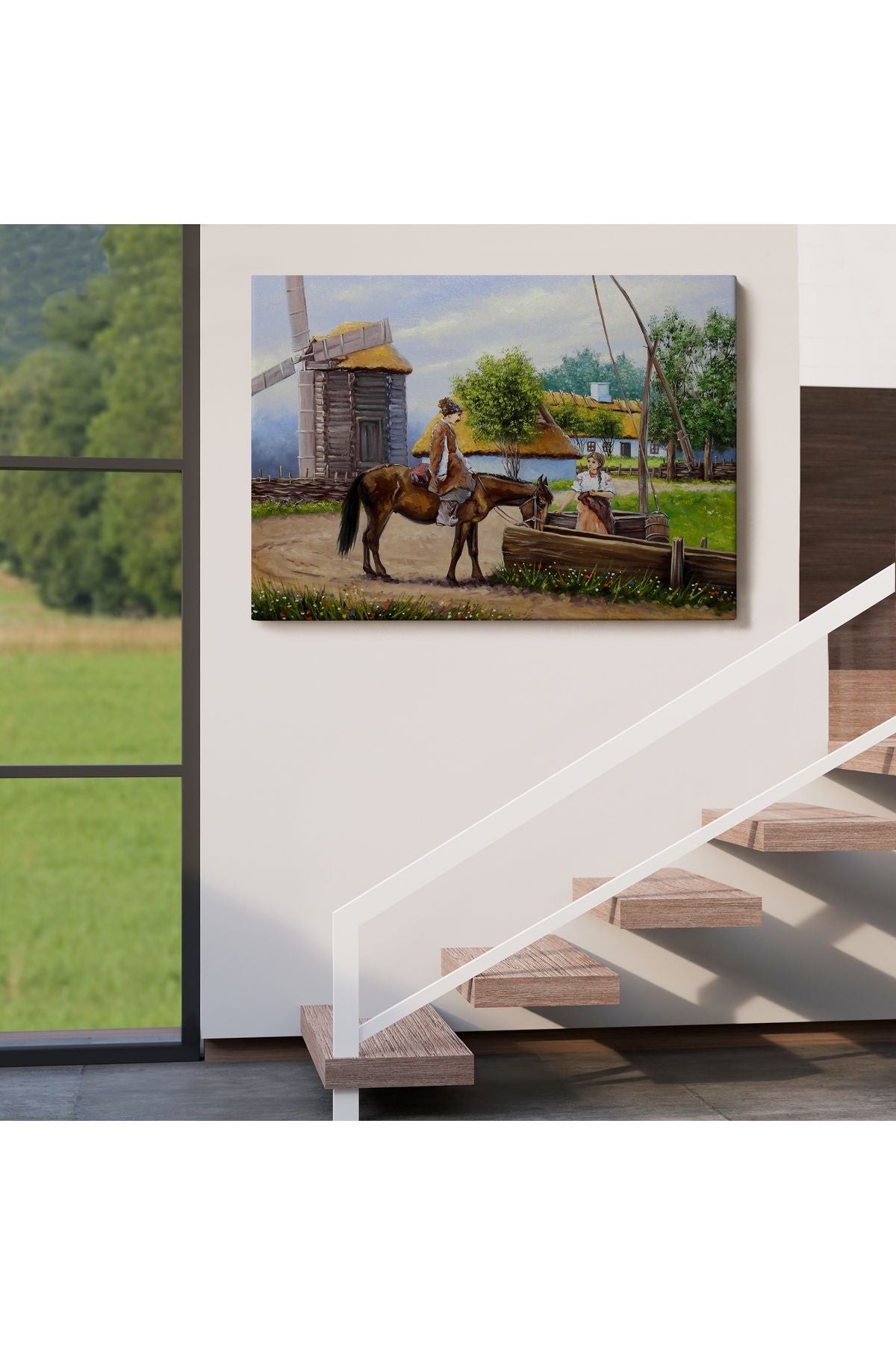 Köy Manzarası Yağlıboya Görünüm Dekoratif Kanvas Duvar Tablosu-3737