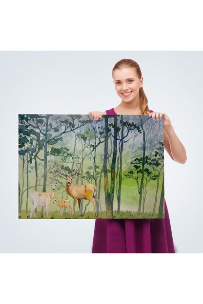 Geyik Ailesi Suluboya Görünüm Dekoratif Kanvas Duvar Tablosu-3648