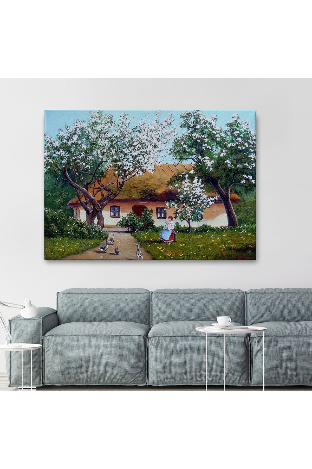 İlkbahar Köy Evi Yağlıboya Görünüm Dekoratif Kanvas Duvar Tablosu-3514