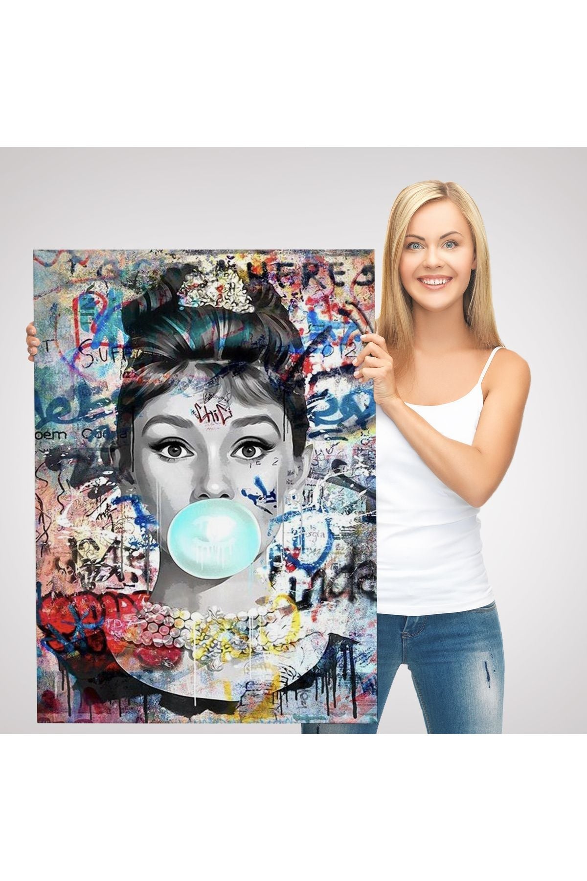 Audrey Hepburn Banksy Style Duvar Sanatı Ciklet Posteri, Hepburn Kanvas Tablo-5319