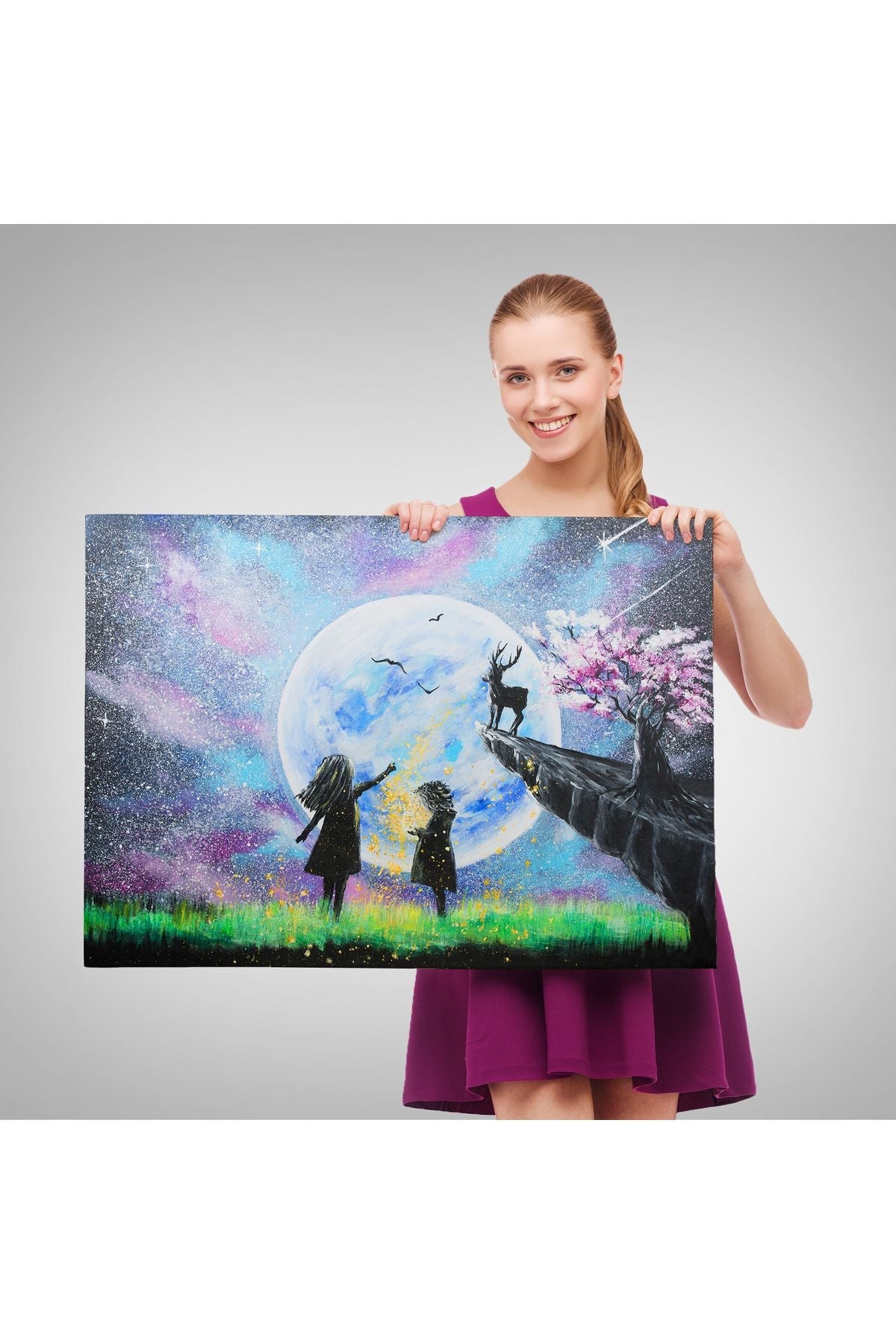 Gece Ay'ı İzleyen Çocuklar Duvar Tablosu-3470