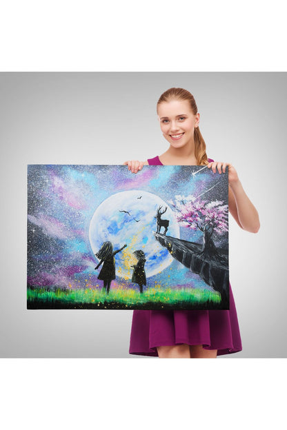 Gece Ay'ı İzleyen Çocuklar Duvar Tablosu-3470