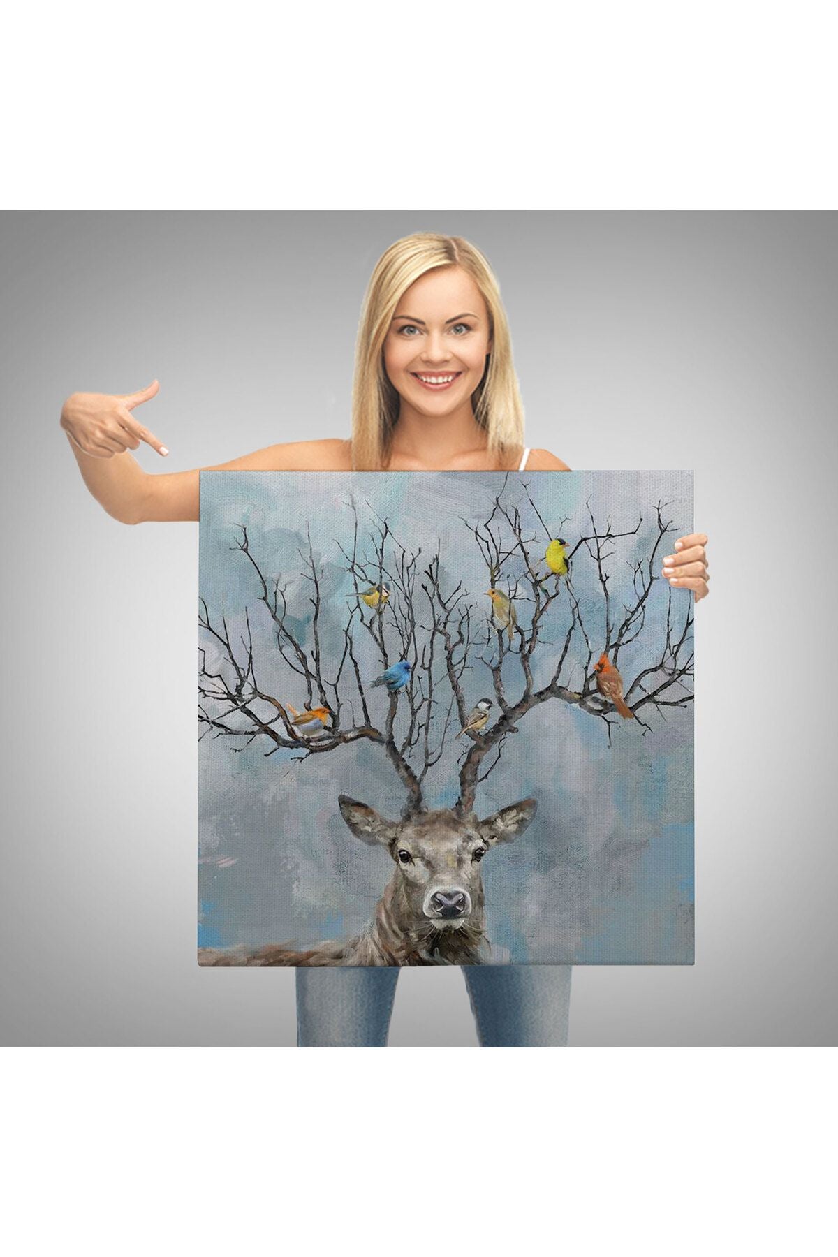 Geyik Boynuzları Üzerinde Renkli Kuşlar Tablosu-5863