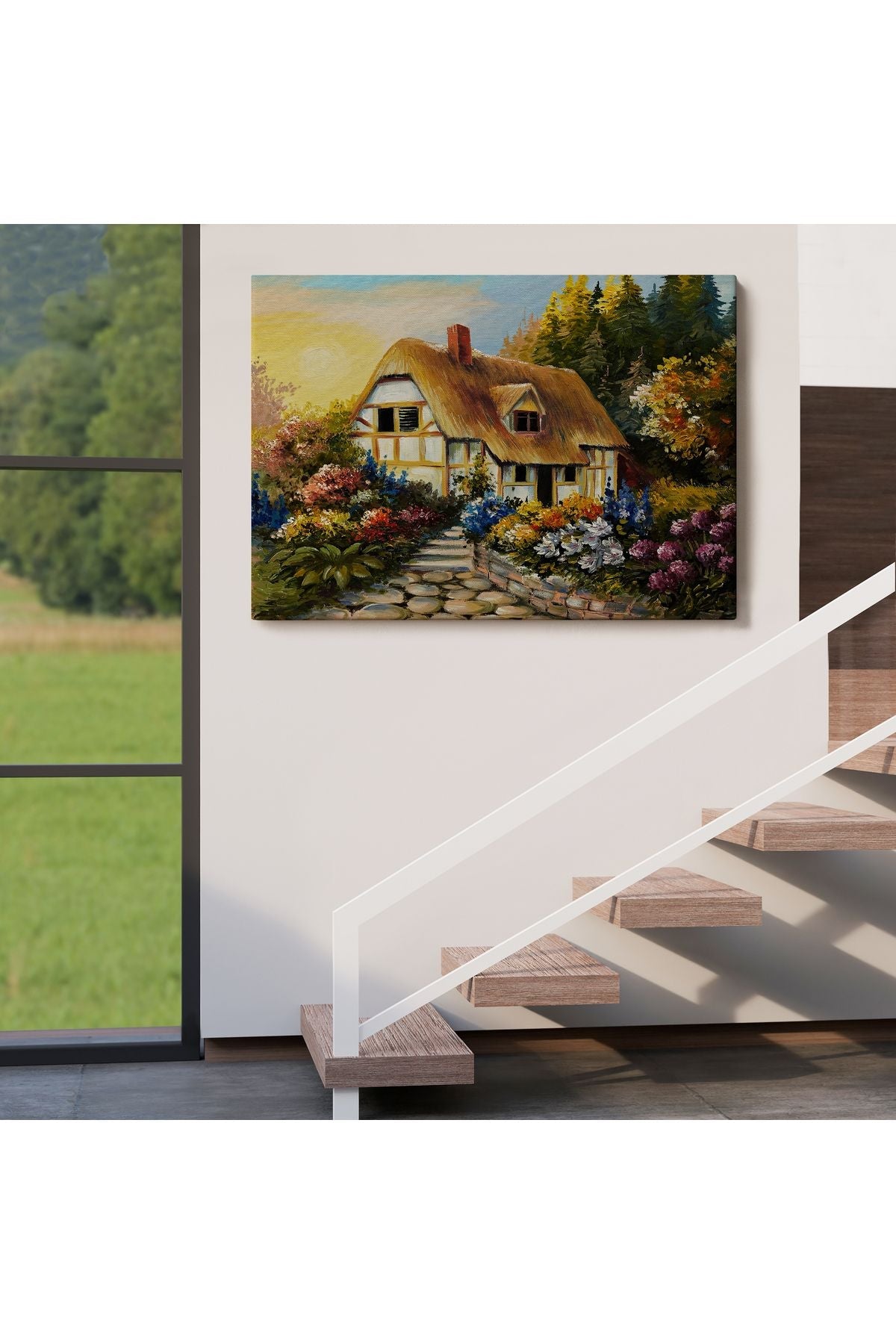 Bahçeli Orman Evi Yağlıboya Dekoratif Kanvas Duvar Tablosu-3447