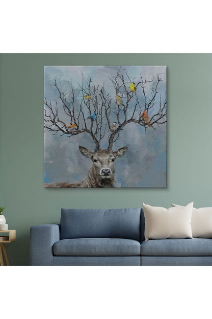 Geyik Boynuzları Üzerinde Renkli Kuşlar Tablosu-5863