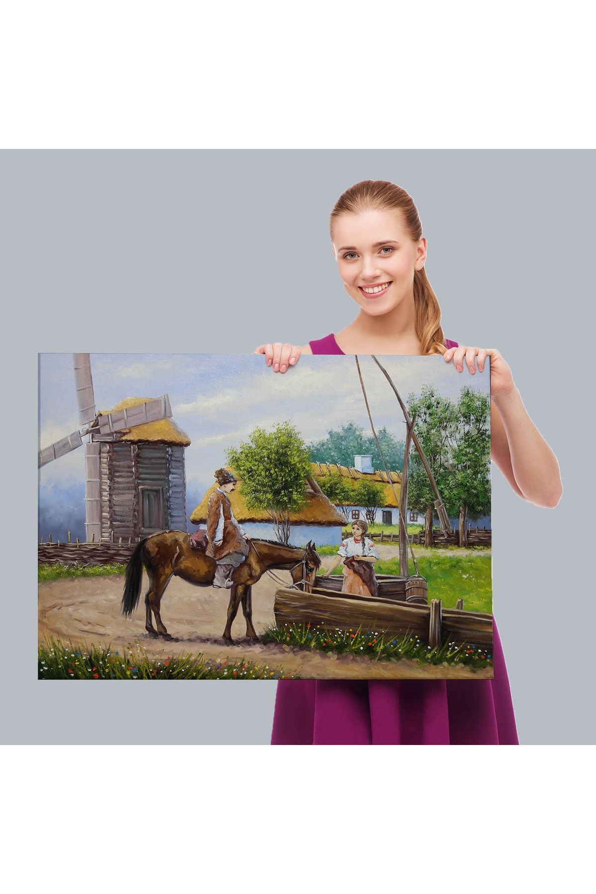 Köy Manzarası Yağlıboya Görünüm Dekoratif Kanvas Duvar Tablosu-3737