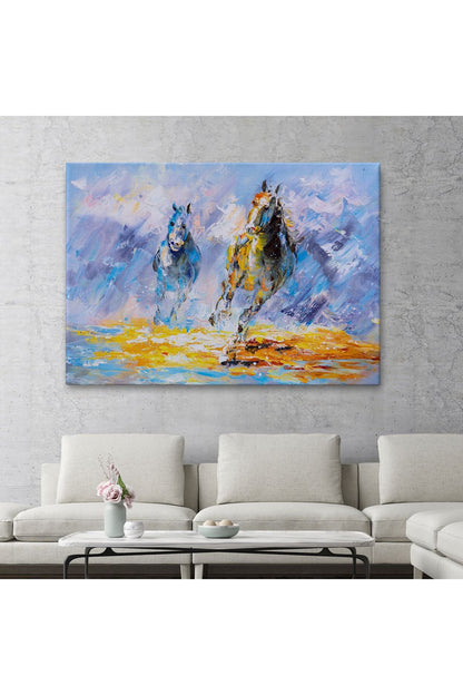 Koşan Atlar Yağlıboya Görünüm Dekoratif Kanvas Duvar Tablosu-3490