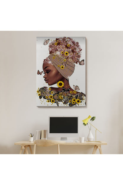 Kanvas Tablo, Duvar Dekoru, Afrikalı Güzel Kadın ve Çiçekler 6038 BUNGKNV