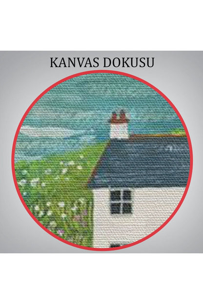 İngiltere Sahilindeki Beyaz Külübe, Martılar ve Çiçekler Kanvas Tablo-5852