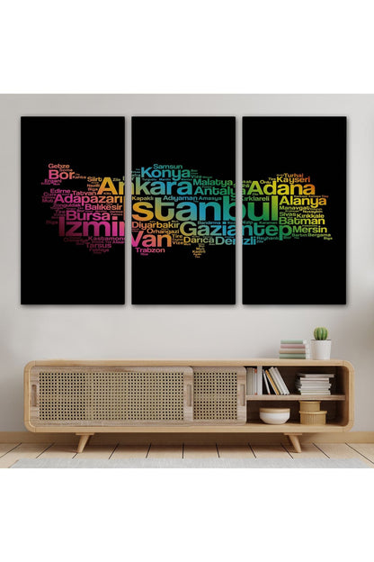 İller İsimli Siyah Zeminli Dekoratif Kanvas Tablo 1016