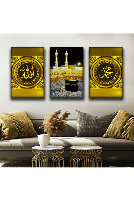 İntroya 3 Adet Dini Gold Kabe Manzara Kanvas Tablo