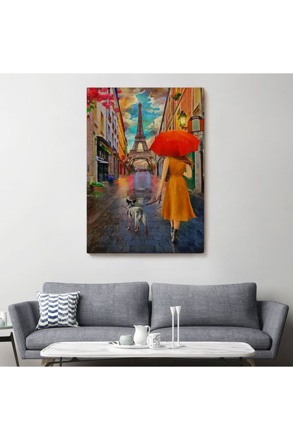 Eyfel Kulesine Yürüyen Kadın Yağlıboya Görünüm Dekoratif Kanvas Duvar Tablosu-5950