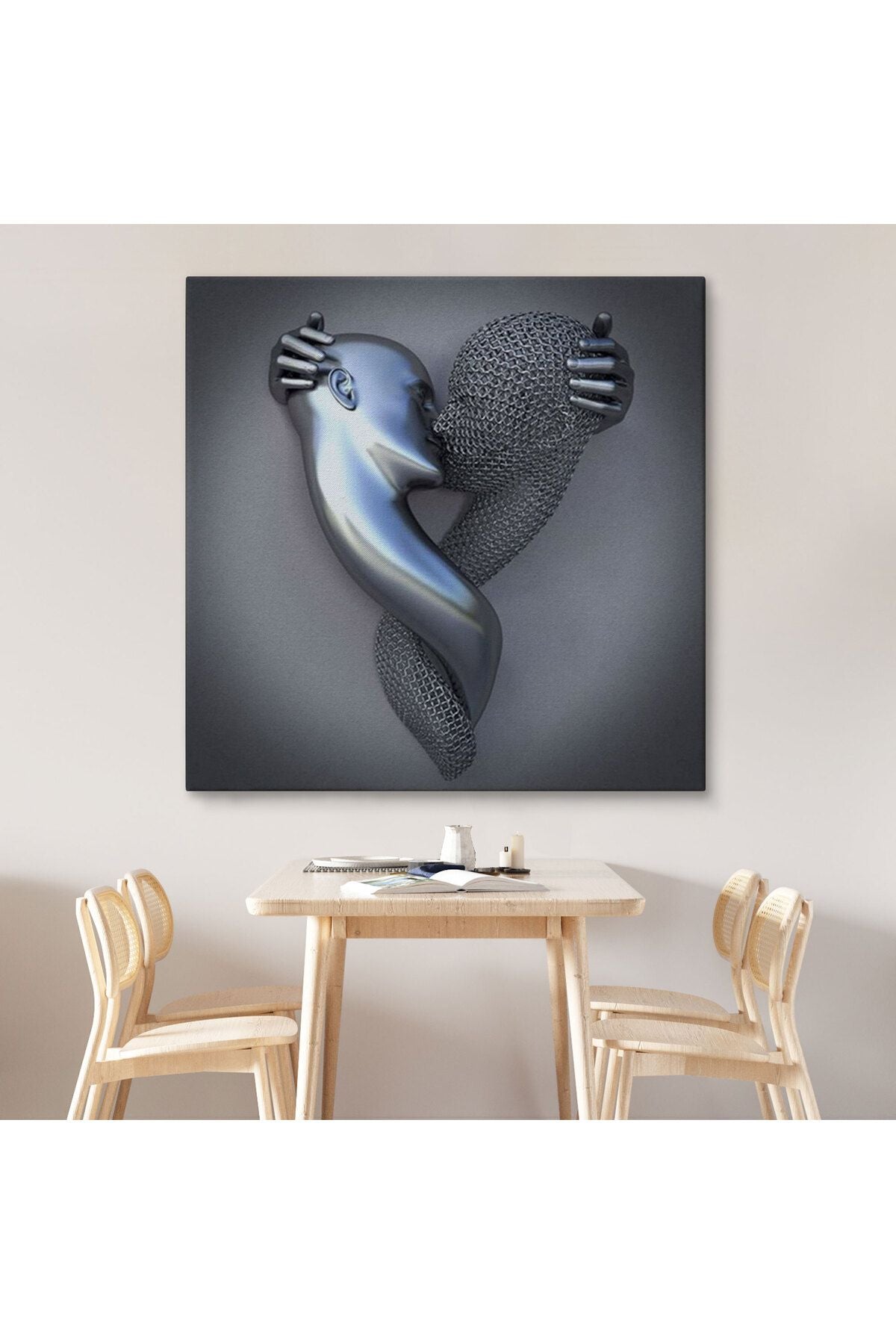 Metalik Efektli Kanvas Tablo, Romantik Beden, Aşk Sanatı, 3D Efektli Gümüş İnsan-5350