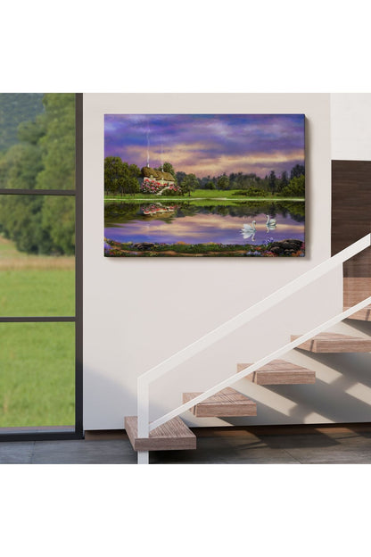 Göl Kıyısındaki Orman Evi Manzarası Yağlıboya Görünüm Dekoratif Kanvas Duvar Tablosu-3678