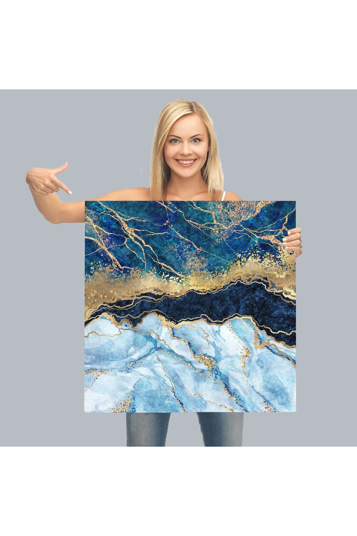 Mavi ve Gold'un Mükemmel Uyumu Mermer Görünümlü Modern Kanvas Tablo-5072