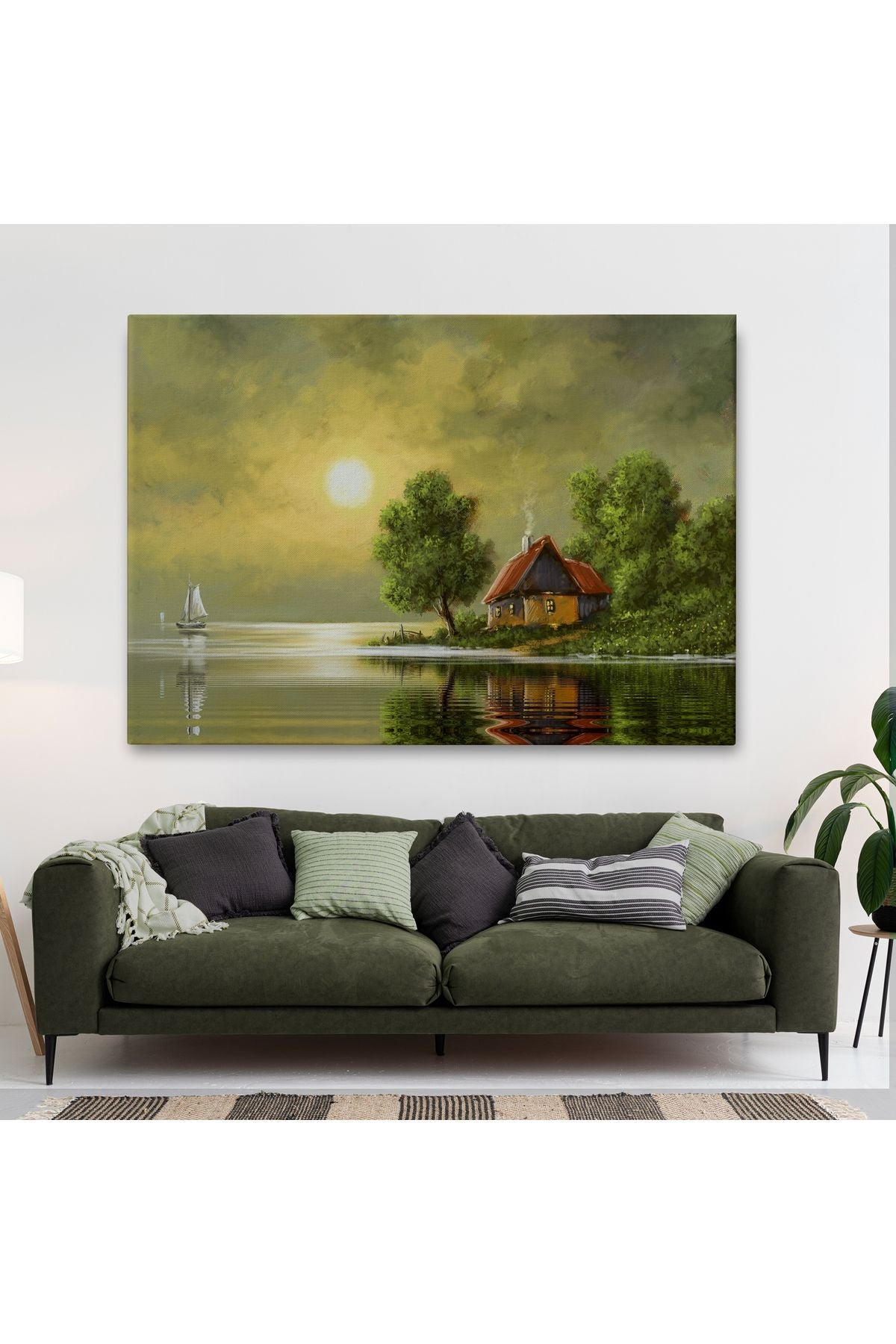 Göl Kenarındaki Köy Evi Yağlıboya Görünüm Dekoratif Kanvas Duvar Tablosu-3592