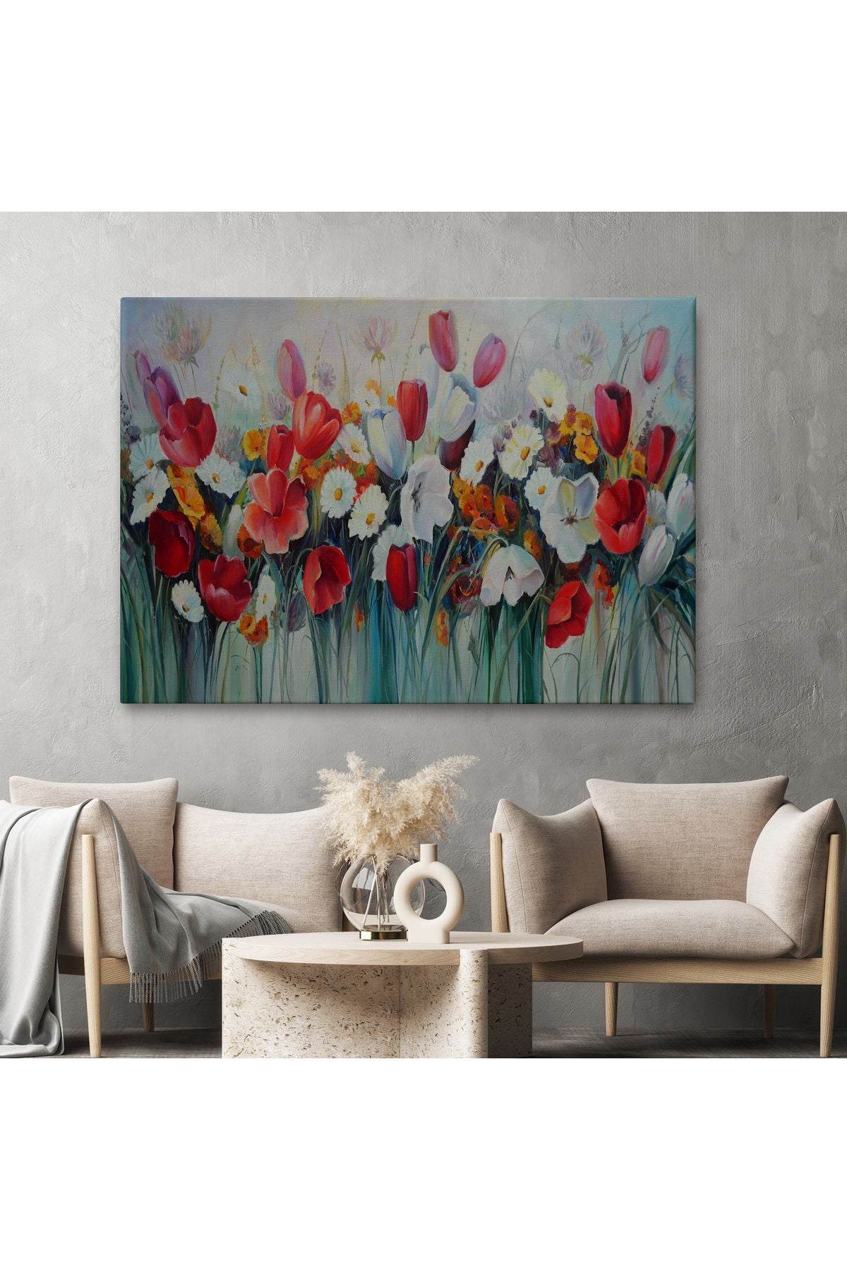 Kır Çiçekleri Yağlıboya Görünüm Dekoratif Kanvas Duvar Tablosu-3581