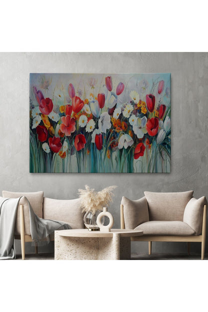 Kır Çiçekleri Yağlıboya Görünüm Dekoratif Kanvas Duvar Tablosu-3581