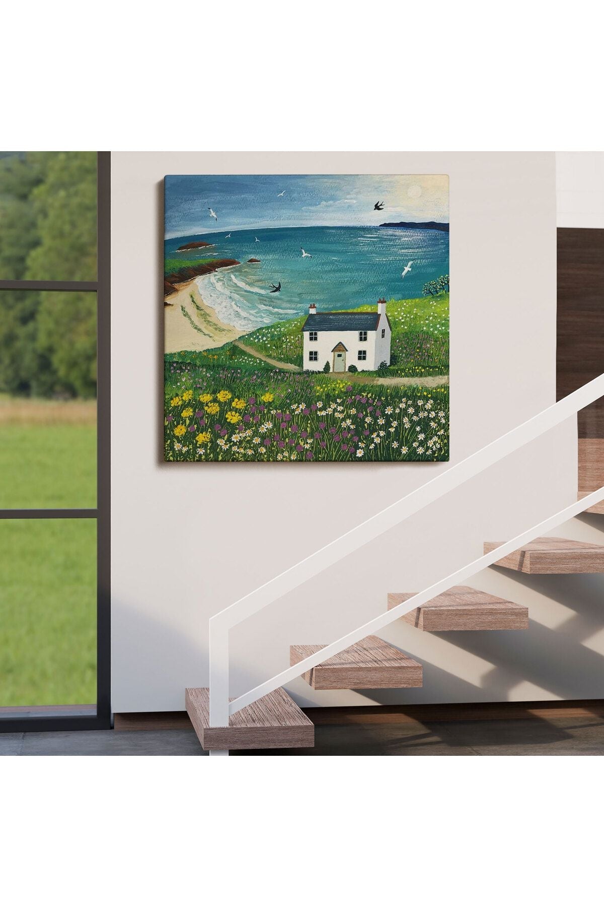 İngiltere Sahilindeki Beyaz Külübe, Martılar ve Çiçekler Kanvas Tablo-5852