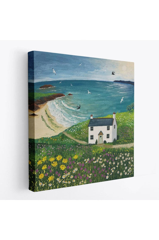 İngiltere Sahilindeki Beyaz Külübe, Martılar ve Çiçekler Kanvas Tablo-5852