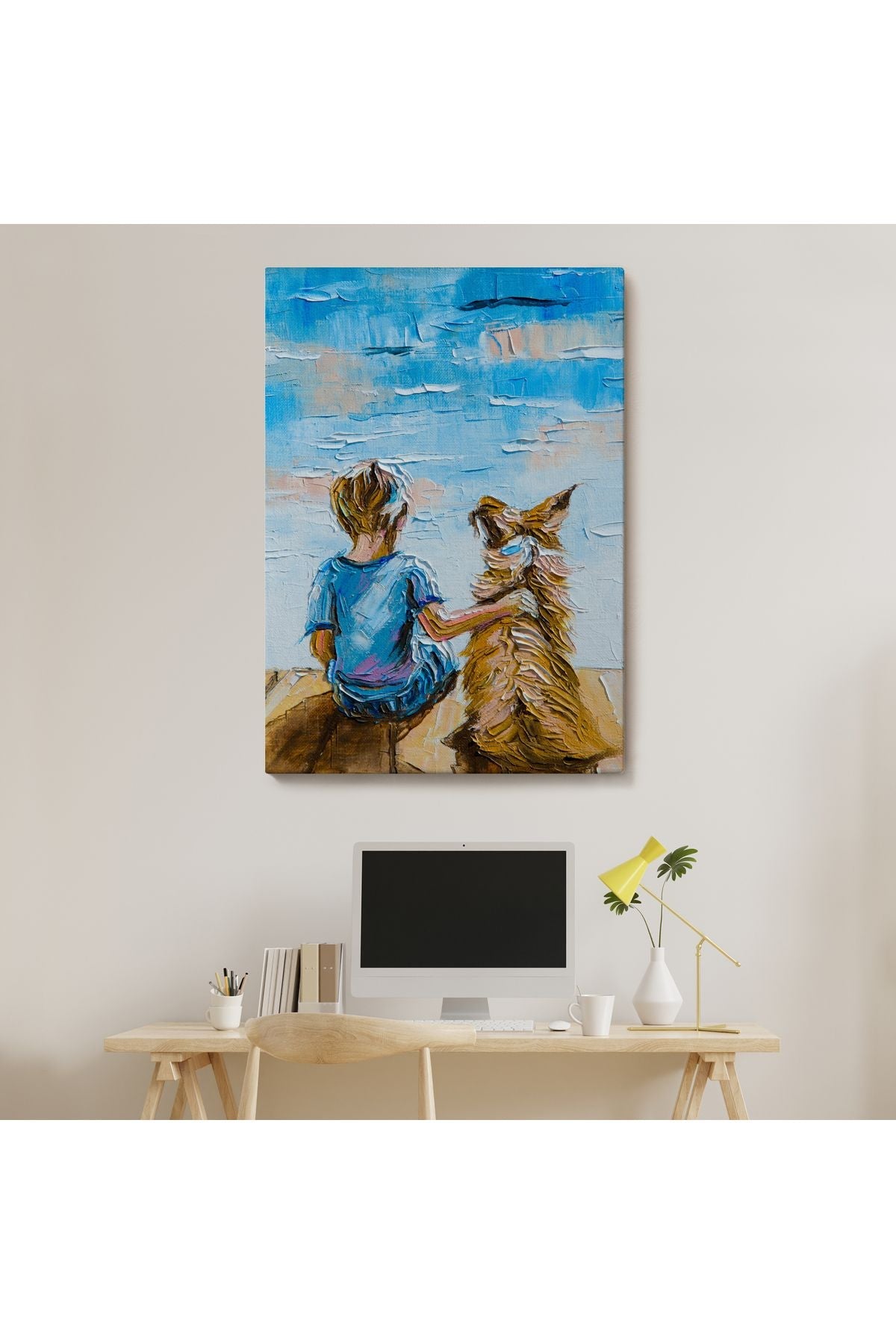 Göl Kenarında Oturan Çocuk ve Köpeği Duvar Tablo-5984