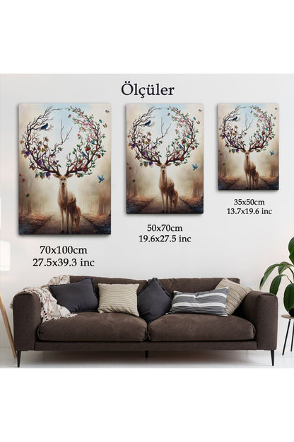 Geyik YBoynuzları Üzerinde Renkli Kuşlar Tablosu-6477