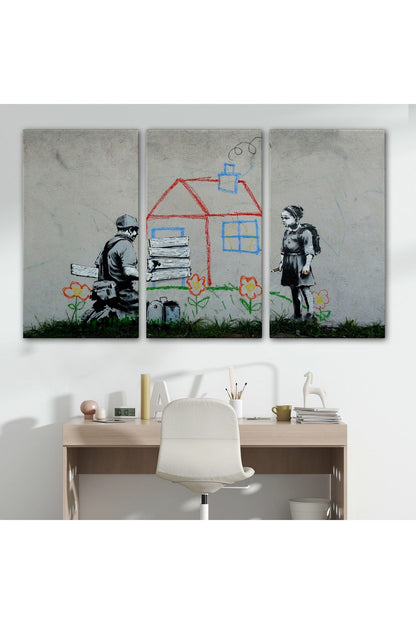 Bansky Çocuğun Çizdiği Evin Kapısını Kapatan Adam Kanvas Tablo-5019
